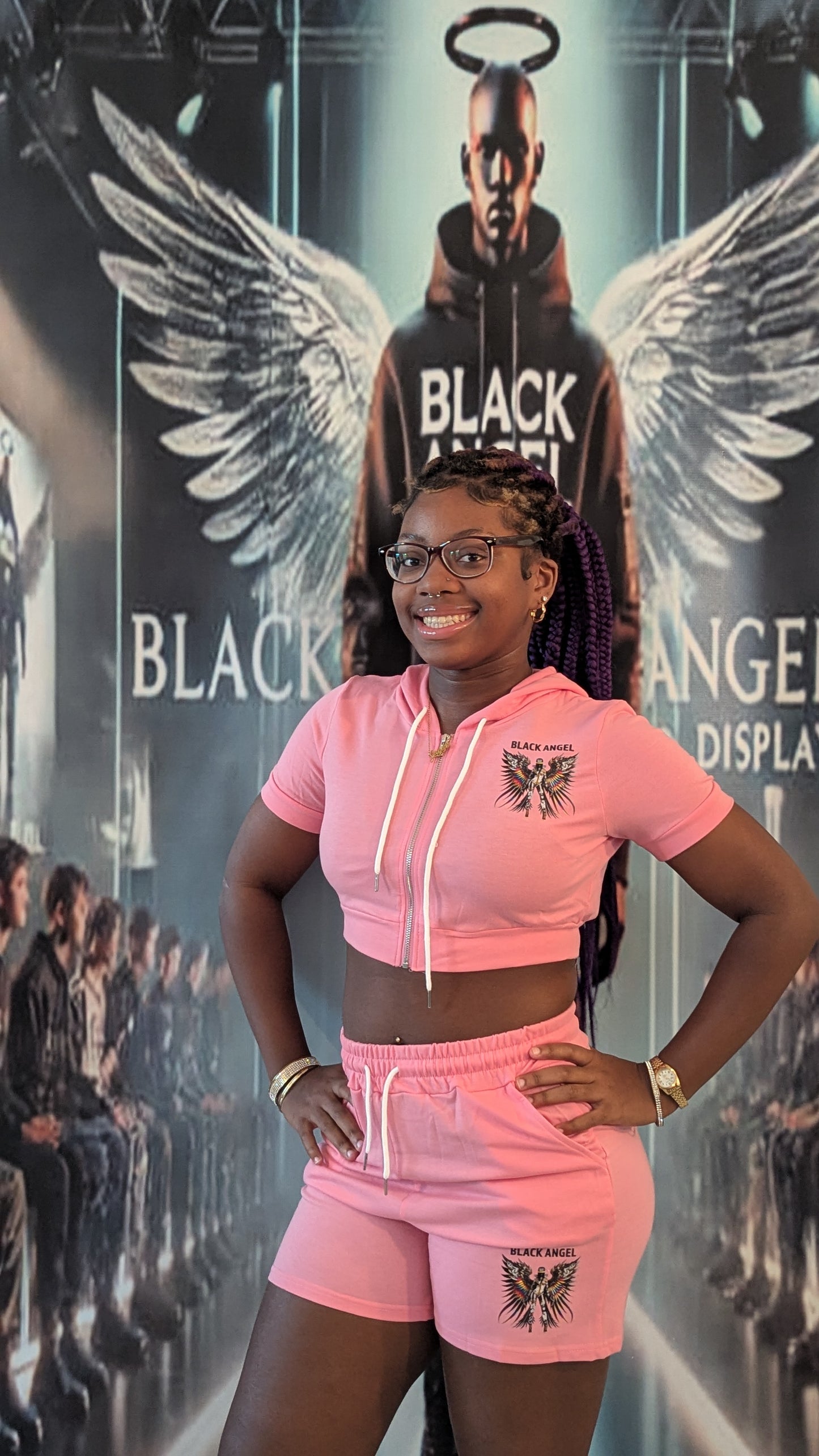 Black Angel Zip up Half-top Hoodie Sets